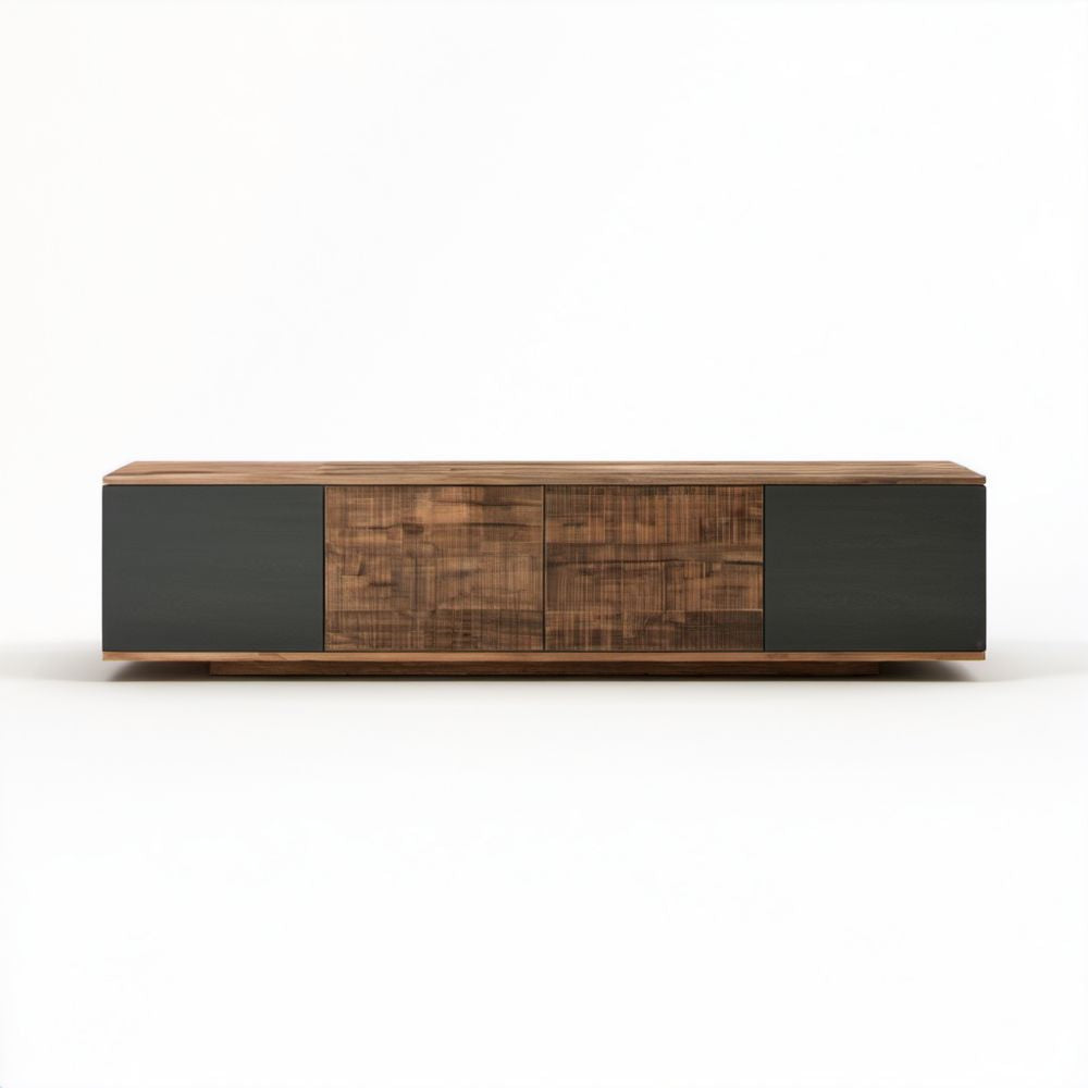 Prostokątna szafka RTV z płyty MDF i forniru orzechowego, brązowo-czarna, 200 x 40 x 45 cm