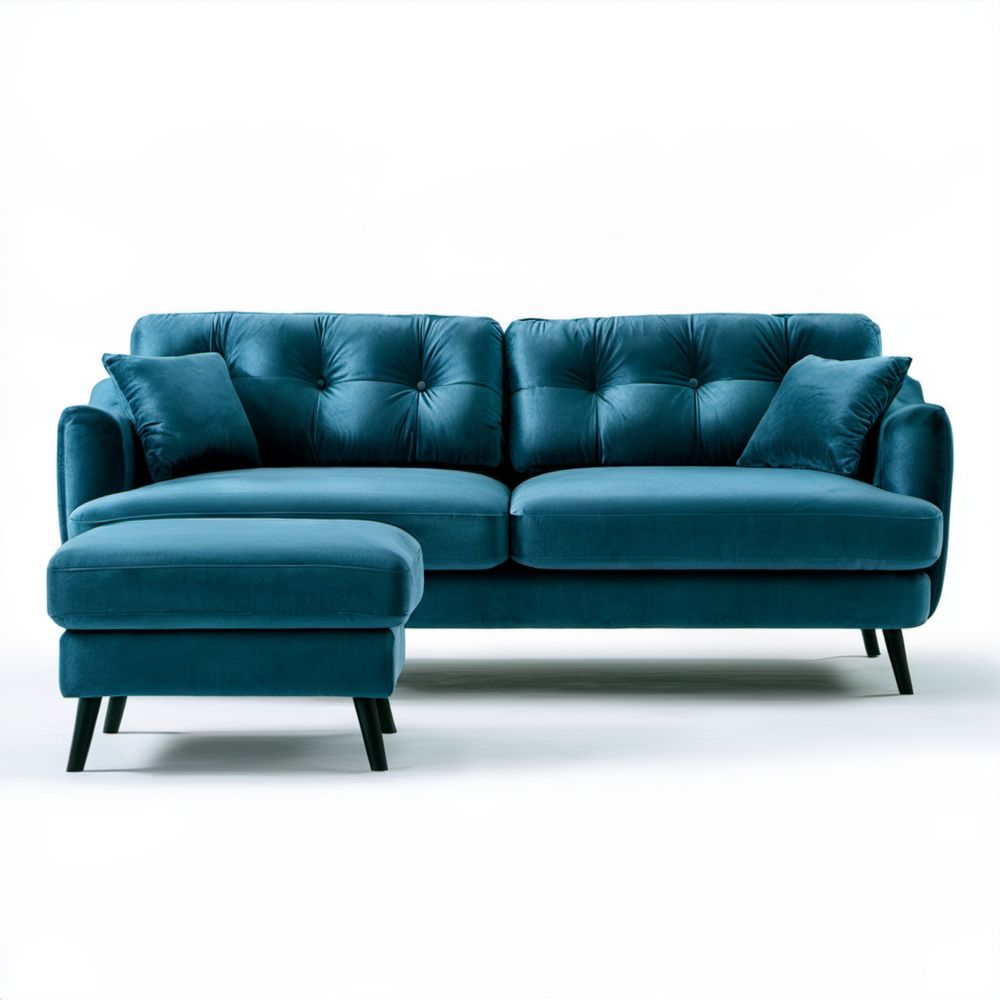 Turkusowa sofa trzyosobowa z pufem, aksamitowa, 220 × 90 × 88 cm