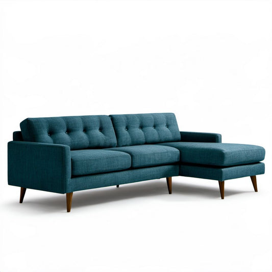 Turkusowa sofa narożna z szezlongiem po prawej stronie, tapicerowana, 230 x 150 x 85 cm