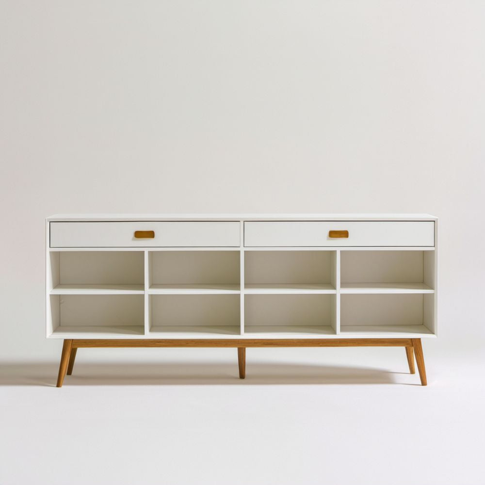 Biała szafka na buty z MDF z 8 otwartymi półkami i 2 szufladami, 160 × 35 × 85 cm