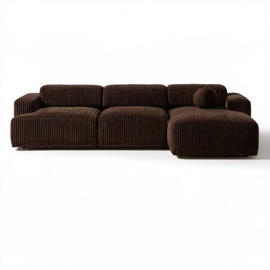 Brązowa sofa narożna 3-osobowa z szezlongiem po prawej stronie, tapicerka z poliestru sztruksowego, 280 x 160 x 78 cm