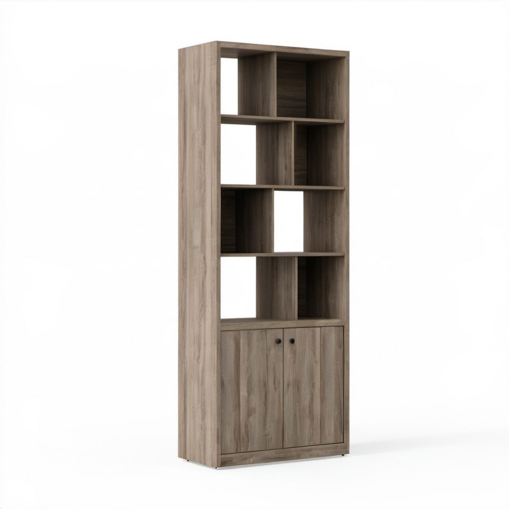 Regał biblioteczny z szafką z płyty wiórowej, szary dąb/czarny, 80 x 30 x 200 cm