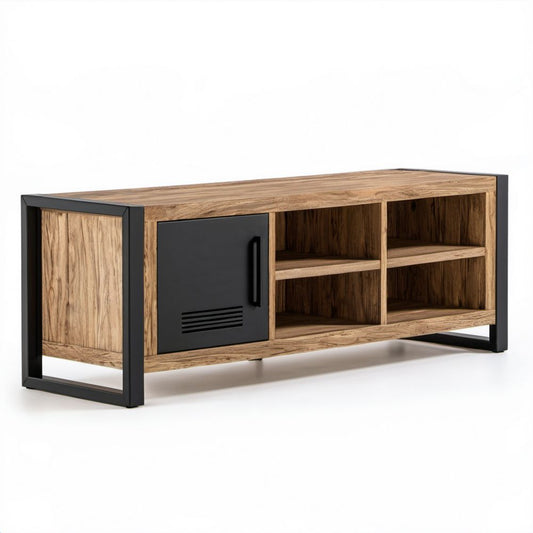 Szafka RTV industrialna z płyty MDF i stali, dąb naturalny/czarna, 140 x 40 x 55 cm