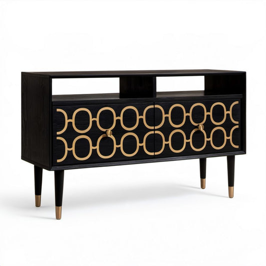 Szafka RTV z płyty MDF czarna ze złotymi detalami, 160 × 40 × 75 cm