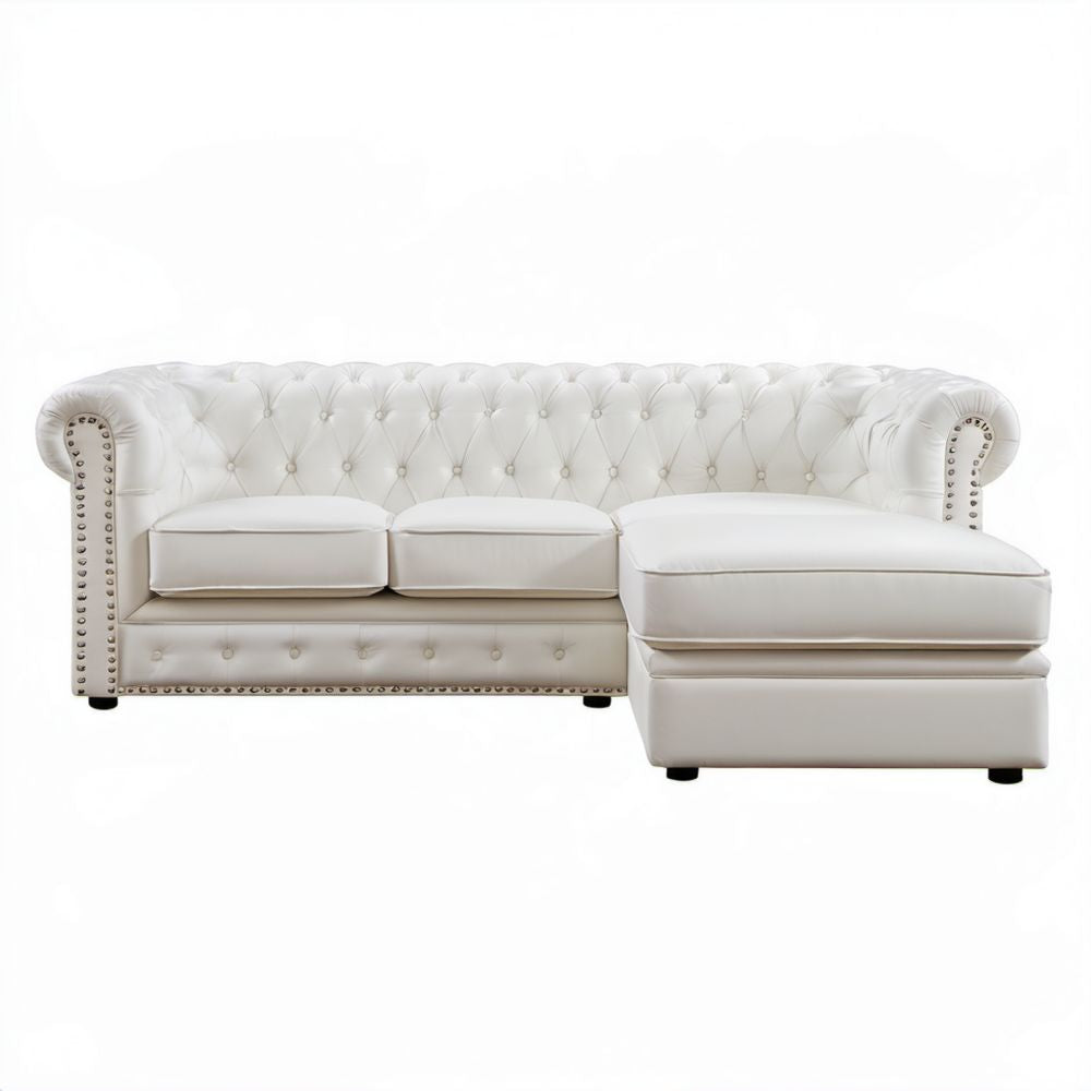 Prawostronna sofa narożna Chesterfield ze skóry syntetycznej PU, biała, 260 x 160 x 75 cm