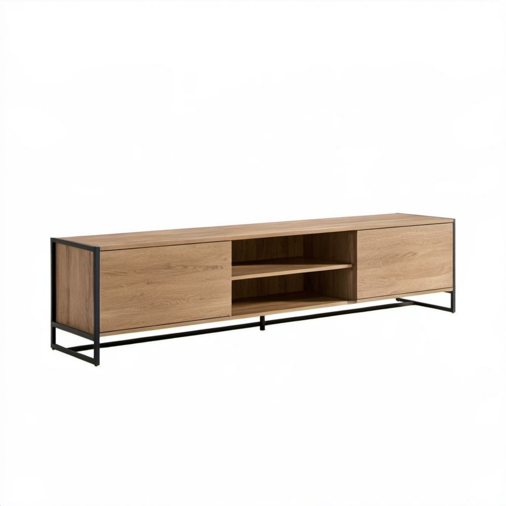 Szafka RTV z laminowanego drewna i czarną stalową ramą, 180 × 40 × 45 cm