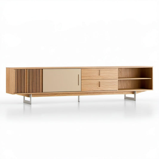 Szafka RTV z płyty MDF w kolorze dębu i beżu, 200 × 45 × 55 cm