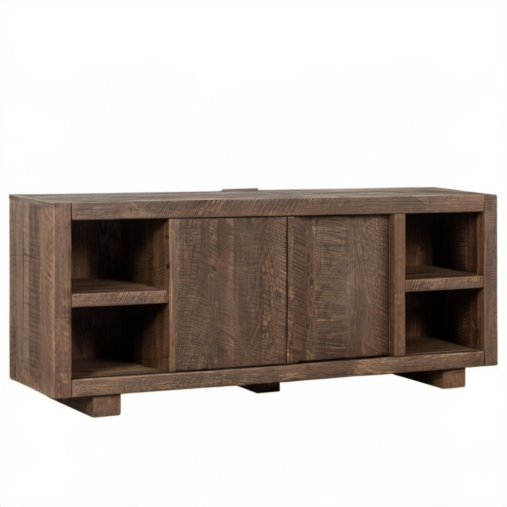 Brązowa drewniana szafka RTV 150 × 45 × 60 cm, 3 drzwi i 4 wnęki
