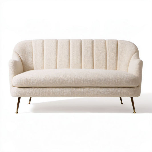 Kremowa sofa dwuosobowa z tkaniny bouclé ze złotymi metalowymi nogami, 150 x 80 x 78 cm
