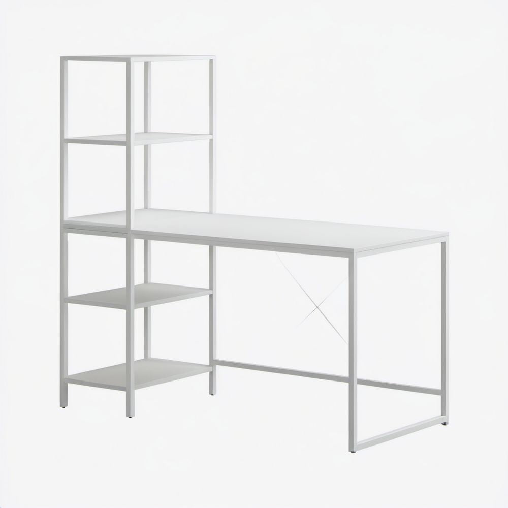 Białe biurko komputerowe z regałem ze stali i płyty MDF 120 x 60 x 150 cm