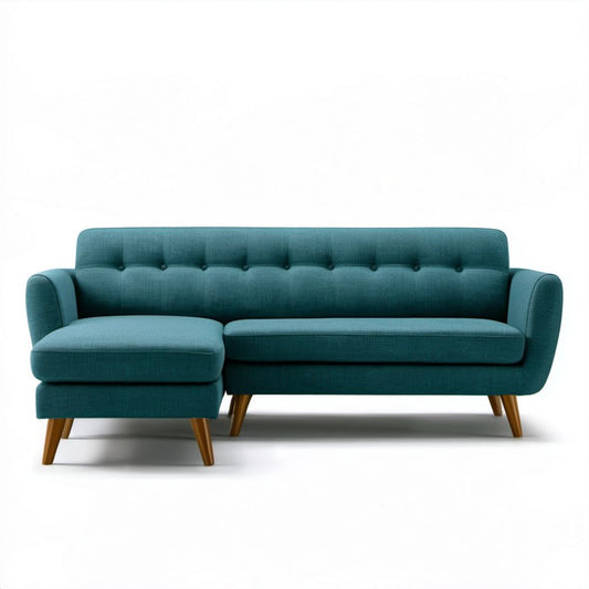 Turkusowa sofa narożna 3-osobowa z szezlongiem z tkaniny, 220 × 145 × 85 cm