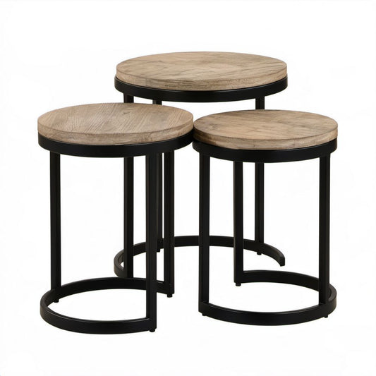 Zestaw 3 okrągłych stolików bocznych MDF i stalowych, jasny dąb/czarny, Ø 40/45/50 cm, wys. 45/50/55 cm