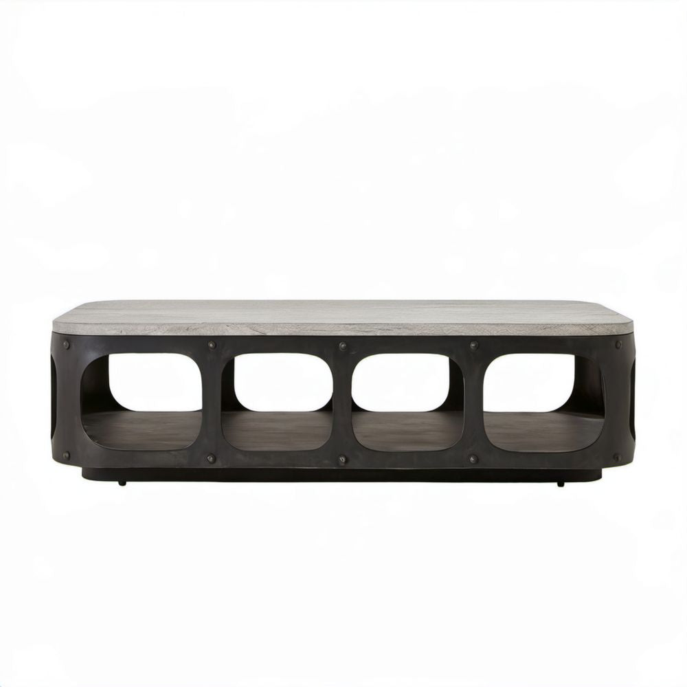 Prostokątny stolik kawowy szaro-czarny z blatem MDF i stalową ramą 120 × 60 × 45 cm
